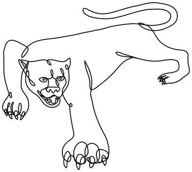 Continuous line drawing illustration of a Panther Crouching viewed from side done in mono line or doodle style in black and white on isolated background. 