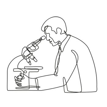Continuous line drawing illustration of a microbiologist studying a virus with a microscope done in mono line or doodle style in black and white on isolated background. 