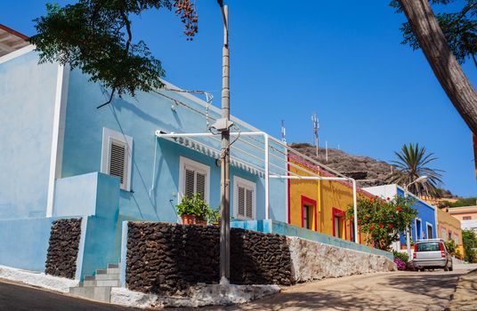 View of a typical colorful houses in the street of Linosa, Sicily. Italy