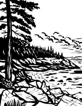 WPA poster monochrome art of the Acadia National Park on Mount Desert Island, Maine USA done in works project administration black and white style.