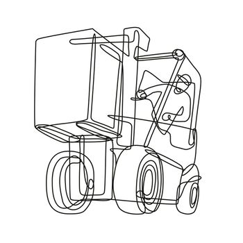 Continuous line drawing illustration of a forklift operator driving a forklift truck done in mono line or doodle style in black and white on isolated background. 