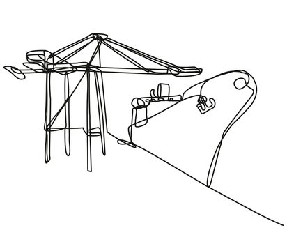 Continuous line drawing illustration of a boom crane loading a cargo ship done in mono line or doodle style in black and white on isolated background. 