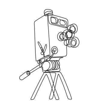 Continuous line drawing illustration of a vintage film box camera on tripod done in mono line or doodle style in black and white on isolated background. 