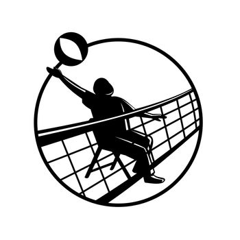 Mascot illustration of senior chair volleyball player spiking the ball over net on isolated white background inside circle in retro black and white style.