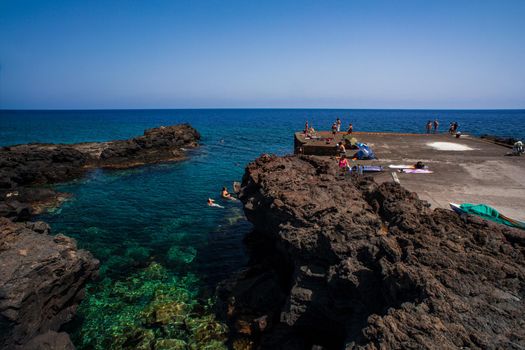 View of the lava beach of Linosa Called Mannarazza, Sicily. Italy