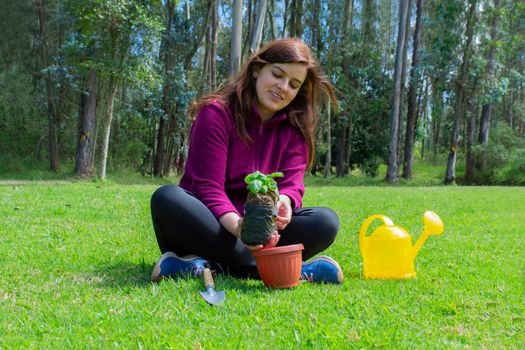 Beautiful Hispanic young woman placing a small plant inside a pot in her home garden during the morning