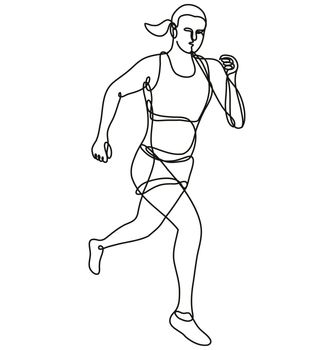 Continuous line drawing illustration of a female marathon runner running done in mono line or doodle style in black and white on isolated background. 