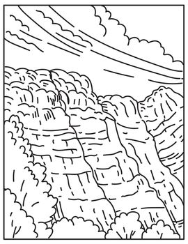 Mono line illustration of Vermilion Cliffs National Monument in northern Coconino County, Arizona USA in retro black and white monoline line art style poster.
