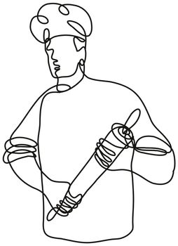 Continuous line drawing illustration of a baker chef or cook holding a roller front view done in mono line or doodle style in black and white on isolated background. 