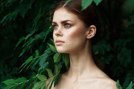 attractive woman green leaves clean skin nature summer close-up. High quality photo