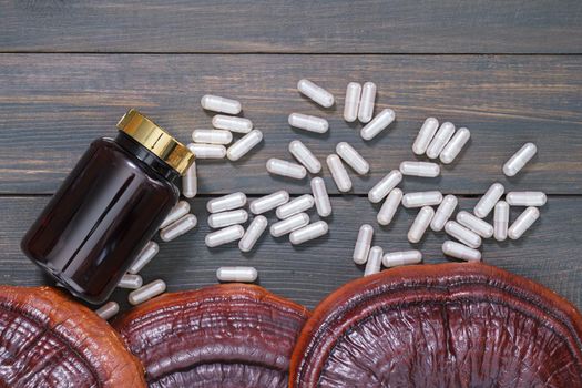 Ling zhi mushroom, Ganoderma lucidum mushroom and capsule with bottle mockup on wooden floor