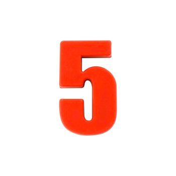 Shot of a number five made of red plastic ,Red educational number block five isolated on white background