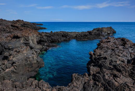 View of the lava beach of Linosa Called Mannarazza, Sicily. Italy