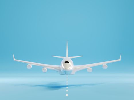 Airplane landing or taking off over ground on runway from the airport, Large jet plane takeoff on blue background, business travel flight concept, 3D rendering illustration