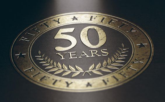 Golden marking over black background with the text 50 years. Concept for a 50th anniversary celebration announcement. 3D illustration.