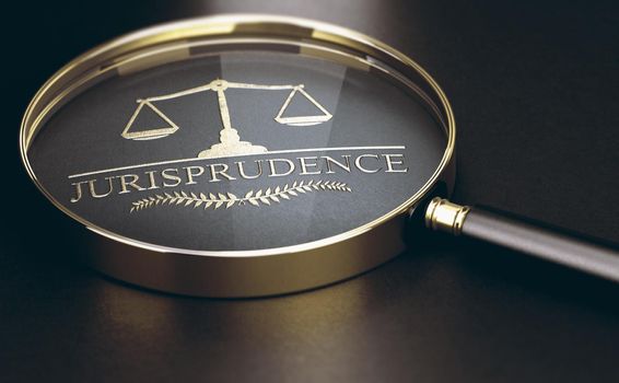 Golden jurisprudence word printed on black background with a magnifying glass covering it. Law concept. 3d illustration.