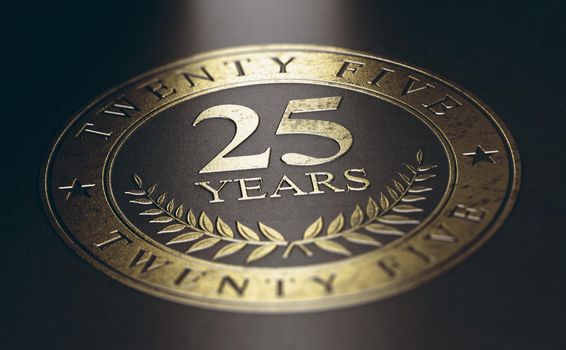 Golden marking over black background with the text 25 years. Concept for a 25th anniversary celebration announcement. 3D illustration.