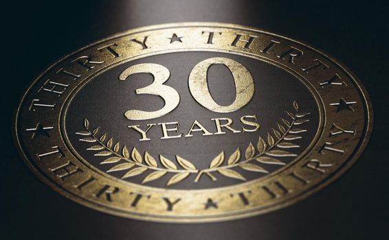 Golden marking over black background with the text 30 years. Concept for a 30th anniversary celebration announcement. 3D illustration.