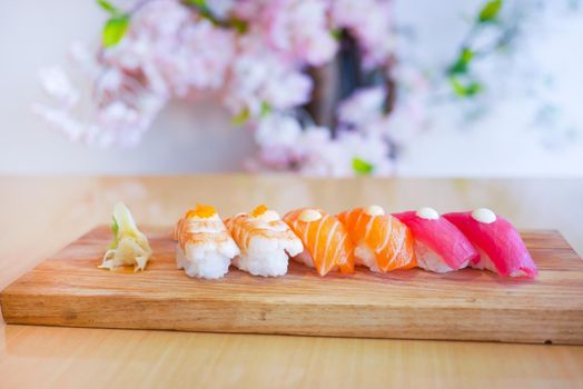 Traditional japanese nigiri sushi with salmon