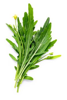 Arugula leaves isolated on white background. Closeup fresh wild rocket leaves on white background top view.