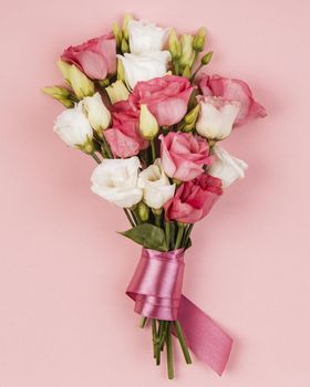 top view beautiful roses bouquet with pink ribbon. Resolution and high quality beautiful photo