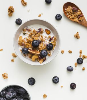top view bowl with milk cereals. Resolution and high quality beautiful photo