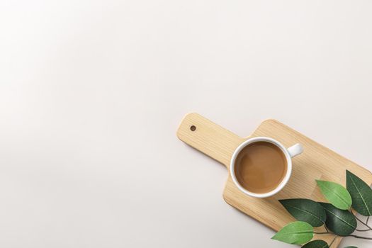 top view coffee cup wooden chopping board with copy space. Resolution and high quality beautiful photo