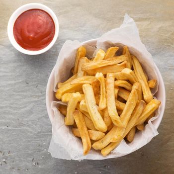flat lay french fries bowl with ketchup sauce. Resolution and high quality beautiful photo