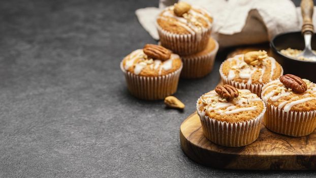 high angle delicious muffins with nuts copy space. Resolution and high quality beautiful photo