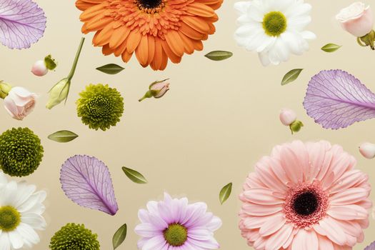 top view spring gerbera flowers with daisies leaves. Resolution and high quality beautiful photo