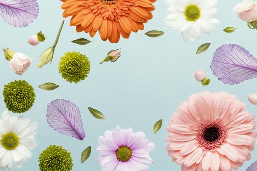 flat lay spring gerbera flowers with daisies leaves. Resolution and high quality beautiful photo
