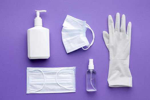 flat lay glove with medical masks liquid soap bottle. Resolution and high quality beautiful photo