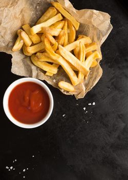 top view salted french fries with ketchup. Resolution and high quality beautiful photo