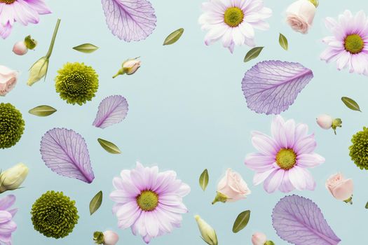 flat lay spring daisies leaves with copy space. Resolution and high quality beautiful photo