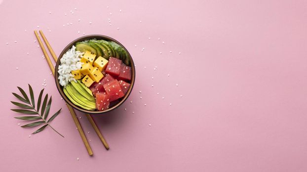 flat lay assortment delicious poke bowl. Resolution and high quality beautiful photo