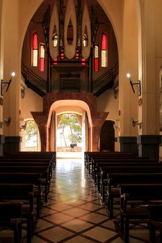 Novelda, Alicante, Spain- September 24, 2021: Details, archs, tower and pictures of Sanctuary of Santa Maria Magdalena on the top of the mountain in Novelda, Alicante, Spain.