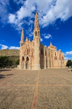 Novelda, Alicante, Spain- September 24, 2021: Details, archs, tower and pictures of Sanctuary of Santa Maria Magdalena on the top of the mountain in Novelda, Alicante, Spain.
