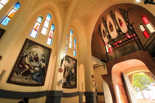 Novelda, Alicante, Spain- September 24, 2021: Details, archs, tower and pictures of Sanctuary of Santa Maria Magdalena on the top of the mountain in Novelda, Alicante, Spain.