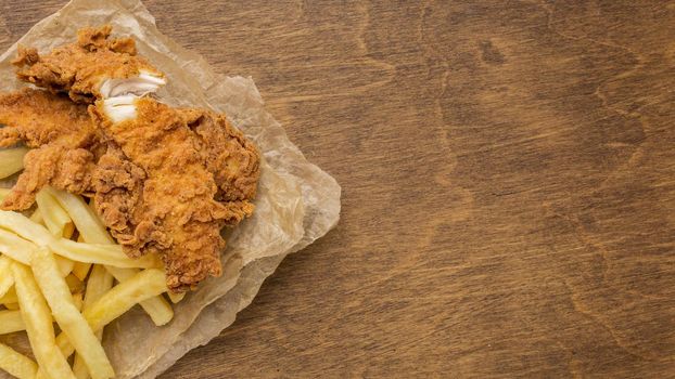 top view fried chicken fries with copy space. Resolution and high quality beautiful photo