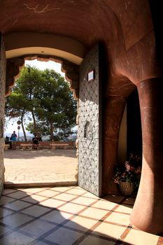 Novelda, Alicante, Spain- September 24, 2021: Details, archs, tower and pictures of Sanctuary of Santa Maria Magdalena on the top of the mountain in Novelda, Alicante, Spain.