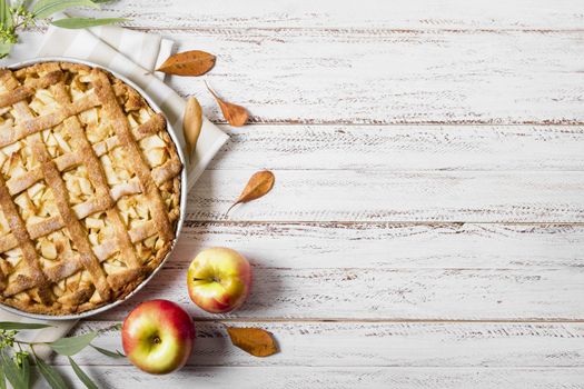 top view apple pie thanksgiving with leaves copy space. Resolution and high quality beautiful photo