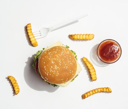 flat lay burger with fries ketchup. Resolution and high quality beautiful photo