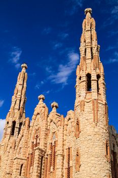 Novelda, Alicante, Spain- September 24, 2021: Details, archs, tower and pictures of Sanctuary of Santa Maria Magdalena on the top of the mountain in Novelda, Alicante, Spain.