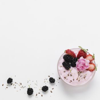 flat lay fruit yoghurt with rose. Resolution and high quality beautiful photo