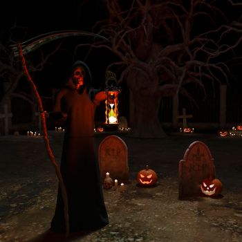 An angel of death in the graveyard with a scythe in the night background - 3d rendering