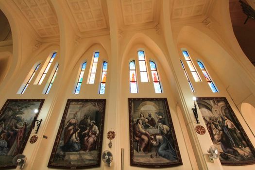 Novelda, Alicante, Spain- September 24, 2021: Details, archs, tower and pictures of Sanctuary of Santa Maria Magdalena on the top of the mountain in Novelda, Alicante, Spain.