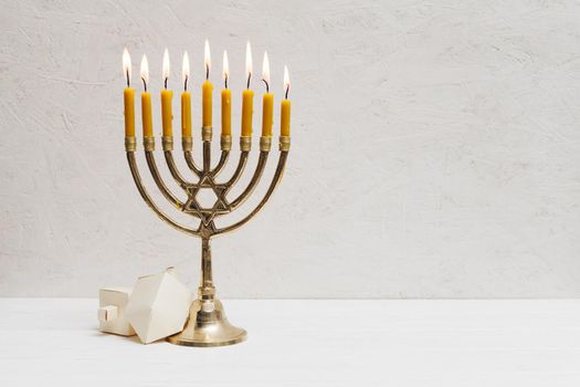 hebrew menorah with candles burning. Resolution and high quality beautiful photo