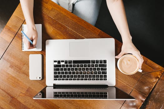 topview workspace with laptop coffee. Resolution and high quality beautiful photo