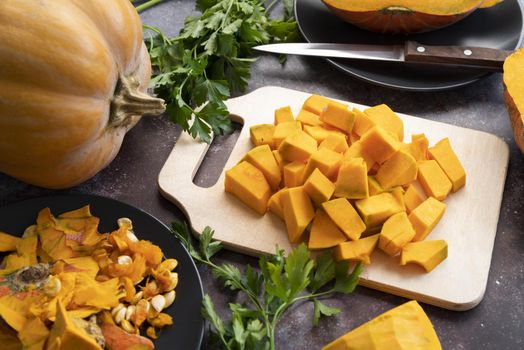 high angle arrangement with delicious pumpkin slices. Resolution and high quality beautiful photo