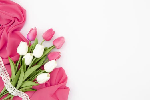 flat lay pink white tulips. Resolution and high quality beautiful photo